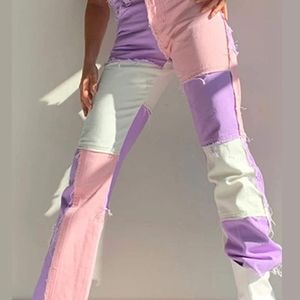 Color Block Jeans High Waisted Straight Leg Patchwork Jeans Denim Pant